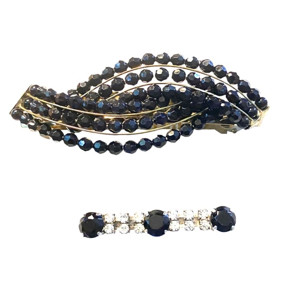Vintage Style Beaded Black Barrette Duo - Picture 1 of 6